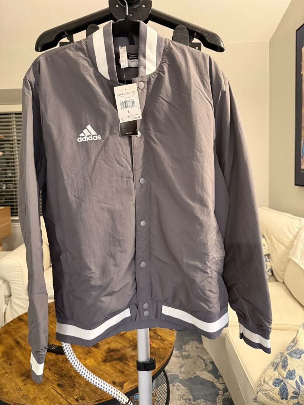NWT Adidas Basecoach Jacket FR6374 Grey Padded Baseball Bomber Mens L